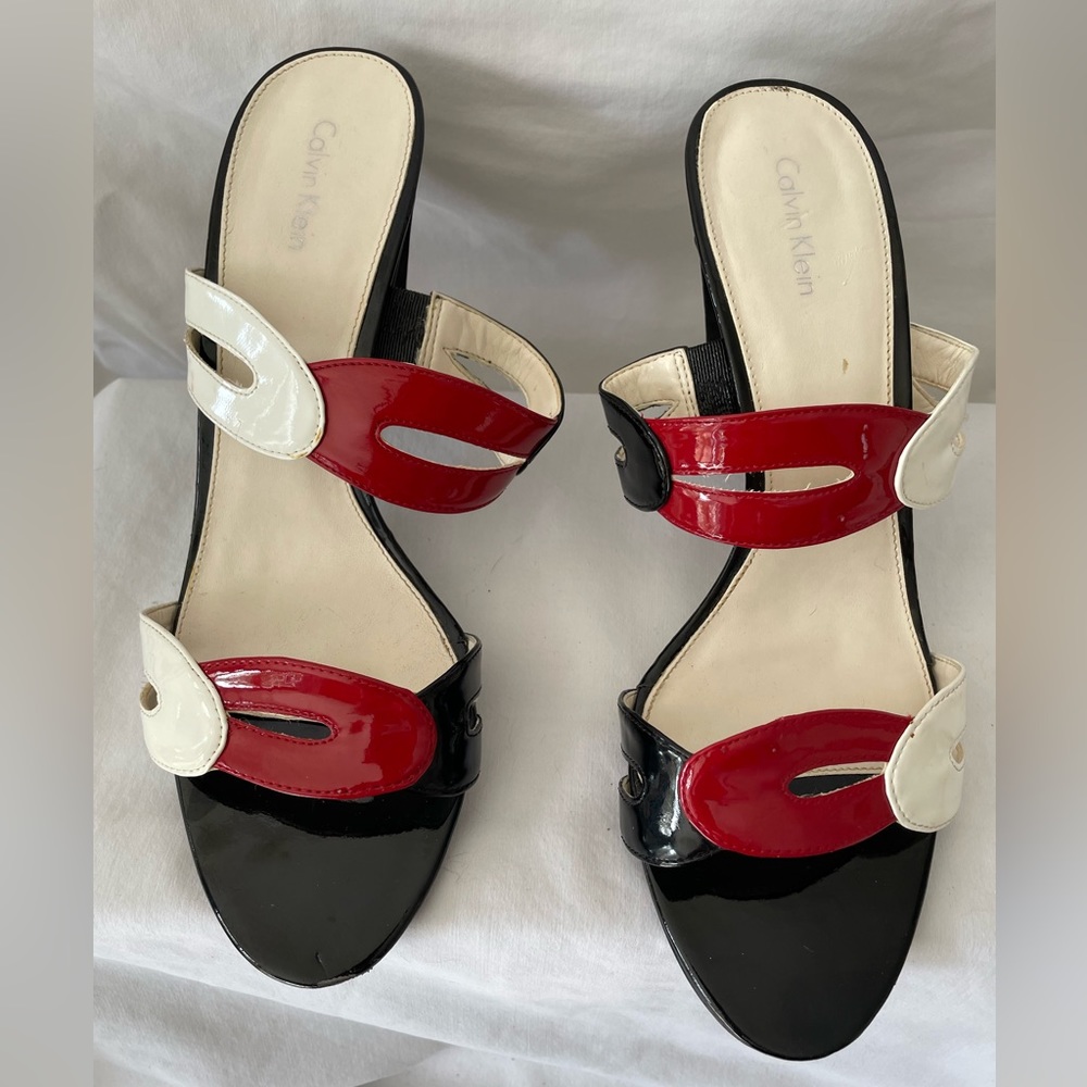 Size 10 Calvin Klein red, white and black patent leather slides/sandals. - Picture 2 of 6
